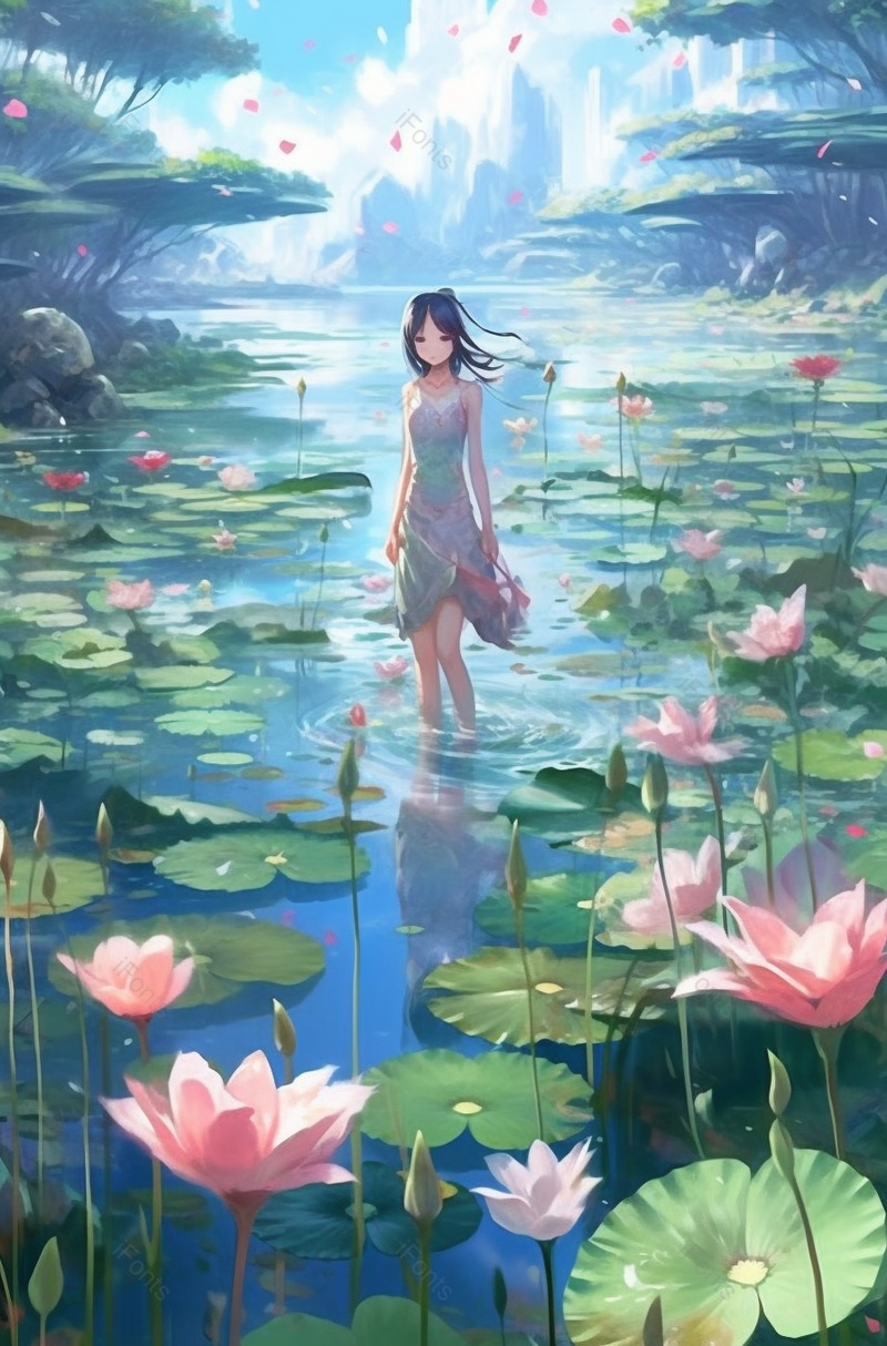 唯美荷塘美女水中走蓝色插画背景,插画/手绘图,插画/手绘图库,插画/手绘图下载,插画/手绘